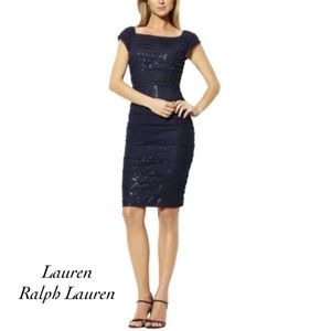 Lauren Ralph Lauren Evening Navy Sequin Mesh Ruched Dress Size 10
